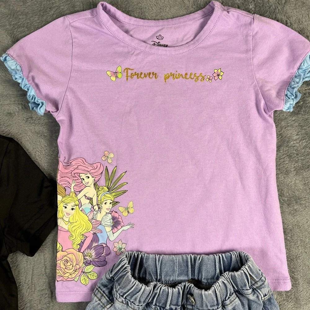 Shein T Shirt Jeans Outfit 4 Pc Set Girls 5Y Multi Bow Disney Princesses Graphic